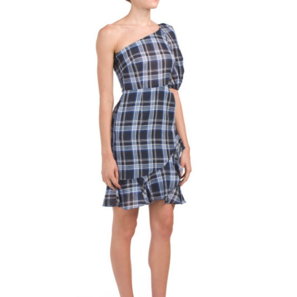 NWT DONNA MORGAN One Shoulder Plaid Dress size 10